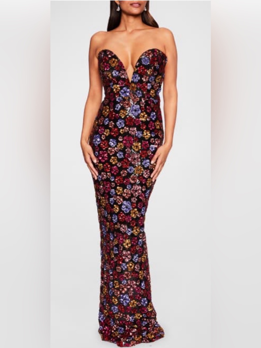Marchesa Notte Strapless Plunging Floral Sequin Column Gown in Multicolor